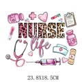 NURSE life heat transfer decal with leopard print letters and pink medical icons 23.8x18.5cm - 23.8x18.5cm