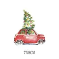 Patch thermocollant aquarelle voiture rouge rétro avec sapin de Noël taille 7x8cm - Voiture Rétro Rouge Sapin de Noël (AT1427)