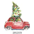 Patch thermocollant voiture de Noël aquarelle pour vêtements, dimension 20x23cm - Grand Voiture Rétro Rouge Sapin de Noël (DH1169)