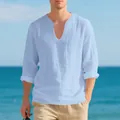 Camiseta casual de manga larga para hombre en efecto lino con cuello en V para la playa - Azul claro