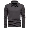 Close-up detail of a men's dark grey long-sleeve polo shirt featuring a classic lapel collar - Dark Gray