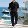 Heren set van los zwart linnen: Henley-shirt met lange mouwen en joggingbroek voor vakantie. - S / Boven- En Onderstuk / Zwart