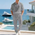 Heren linnen set met grijs Henley shirt met lange mouwen en joggingbroek voor vakantie - S / Boven- En Onderstuk / Grijs