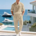 Casual beige linnen set voor heren met Henley-shirt met lange mouwen en broek - S / Boven- En Onderstuk / Licht kaki