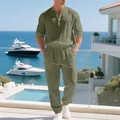 Men's olive green linen casual set featuring a long sleeve Henley shirt and loose pants - Army Green
