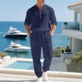 Men's navy blue linen Henley long sleeve shirt and matching jogger pants resort wear set - Navy Blue