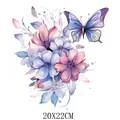 Elegant watercolor butterfly and floral iron-on transfer sticker, 20x22cm large size - Purple Butterfly Flower (DS0306)
