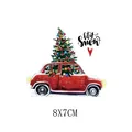Patch thermocollant voiture de Noël avec sapin et texte let it snow, taille 8x7cm - Berline Rouge avec Flocons de Neige (AT1428)