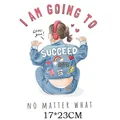 Cute girl cartoon heat transfer sticker with 'Succeed' slogan for clothing DIY, 17x23cm - Girl with Headphones Back View(DH0641) / 17x23cm
