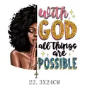 Religious African American girl heat transfer decal 'With God All Things Are Possible' 22x24cm - Praying Black Girl Style (DH1588)