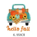 Autumn pumpkin truck heat transfer iron-on patch with Hello Fall text, size 6.9x8cm - Small Teal Pickup Pumpkin (AT1392)