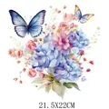 Watercolor butterfly floral heat transfer sticker for DIY clothing, size 21.5x22cm. - Hydrangea Blue Butterfly (DS0308)
