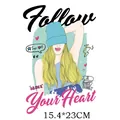 Heat transfer sticker featuring cute girl illustration and Follow Your Heart slogan - Blonde Girl with Blue Beanie(DH0635) / 15.4x23cm