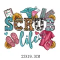SCRUB Life medical nurse heat transfer decal with sunflowers and icons, size 23x19.3cm - 23X19.3CM