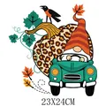 Thanksgiving gnome driving truck with leopard pumpkin heat transfer patch 23x24cm - Large Gnome Driving Car (DH1147)