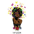 Autocollant de transfert thermique femme avec coiffure afro papillon motif, 14x23cm - Femme Afro Papillon (DH0532)