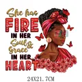 Autocollant transfert thermique fille africaine avec texte Fire in her soul - Style Fille Noire Lunettes de Soleil Turban Rouge (DH1897)