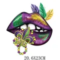 Glittery Mardi Gras lips and fleur-de-lis heat transfer patch for clothing, 20.6x23cm size - Large Glitter Lips Style (DH1142)