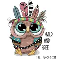 Boho style cartoon owl heat transfer sticker with feathers and Wild and Free text - 19.5x24cm / Boho Owl (DH0431)