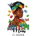 Autisme Maman fille noire transfert thermique avec papillons et pièces de puzzle - Style Fille Noire Turban Arc-en-ciel Sensibilisation Autisme (DH1902)
