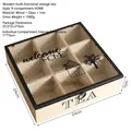 Handcrafted 9-compartment wooden tea storage box with glass lid and 'Welcome Home' print - 9-Compartment HOME Wood Box / Natural Wood Color