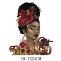 Patch de transfert thermique fille noire avec roses rouges pour vêtements personnalisés - Style Femme Noire Rose Rouge Feuille d'Or (DH1469)