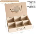 Minimalist 6-compartment wooden tea bag organizer box with teapot-shaped glass window - Teapot Design 6-Grid Wood Box / Natural Wood Color