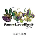 Mardi Gras Peace Love Heart Fleur-de-lis Heat Transfer Iron-on Patch 25x17cm - Large Peace Love Mardi Gras (DH1152)