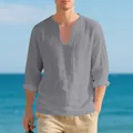 Detalle de una camisa de lino gris para hombre de manga larga con cuello de pico - Gris oscuro