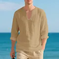 Camiseta de lino de manga larga con cuello en V para hombre estilo playa casual - Caqui