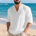 Vue détaillée d'un t-shirt à manches longues en lin blanc pour homme avec col en V profond - Blanc