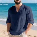 T-shirt décontracté en lin bleu marine à manches longues et col en V profond pour homme - Bleu Marine