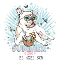 Autocollant transfert thermique bouledogue français été pour vêtements 22.4x22.6cm - Bouledogue avec Lunettes de Soleil (DH1373)