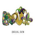 Mardi Gras carnival love themed iron on heat transfer patch with jester hat and fleur-de-lis - Large Heart Color-Block Lettering (DH1156)
