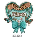 Parche térmico corazón turquesa Mama estampado leopardo para ropa DIY, 20x22cm - Borde de Perla de Corazón Azul Lago (DF0331)