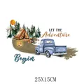 Camping theme iron-on heat transfer sticker with vintage truck and tent design, 25x15cm - Blue Camping Pickup(DH1670) / 25x15cm