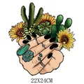 Detailed artistic sunflower and cactus heat transfer patch for clothing, 22x24cm size. - Hand Holding Sunflower Cactus Style (DH1424) / 22x24cm