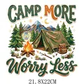 Artistic outdoor camping DTF heat transfer sticker with Camp More Worry Less text - Realistic Camping Scene Oil Painting Style (DS1583)
