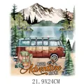 Watercolor camping bus heat transfer sticker with dog and mountain scenery for DIY clothes - 21.9X24CM