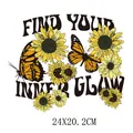 High-quality sunflower butterfly iron-on transfer decal with 'FIND YOUR INNER GLOW' text - 24x20.2cm