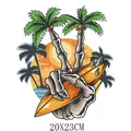 Vibrant summer skeleton hand peace sign heat transfer decal with palm trees 20x23cm - Skull Palm Tree Style (DH2194)