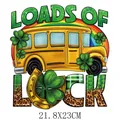St. Patrick's Day yellow school bus Loads of Luck heat transfer sticker, 21.8x23cm size - Lucky School Bus Shamrock (DH0669)