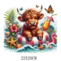 Cartoon Hochlandrind Schwimmring Bügelbild 22x20cm für sommerliche DIY-Kleidung - Cartoon Hochlandrind Strand Stil (DS0193)