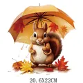 Transfert thermique écureuil de Thanksgiving avec feuilles d'érable, design 20.6x22cm. - Écureuil Parapluie (DS1096)
