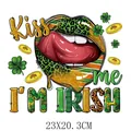 Vibrant St. Patrick's Day iron-on patch with Kiss Me I'm Irish lips design and clovers - Irish Lips Gold Coins (DH0675)
