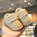 Beige quilted leather baby walking shoes with lace trim and velcro strap for toddler girls - Size 16 (Inner Length 11.5cm) / Khaki