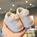 Adorable pink infant walking shoes featuring a cartoon rabbit and soft non-slip soles - Size 16 / Pink