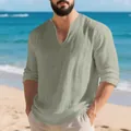 T-shirt décontracté en lin à manches longues pour homme avec col en V profond, coloris vert sauge - Vert Militaire