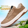 Zapatillas casuales de hombre en cuero marrón con suela de goma blanca - Albaricoque