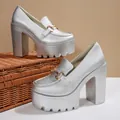 Elegant silver metallic chunky heel platform pumps with gold-tone decorative buckle detail - 35 / Silver